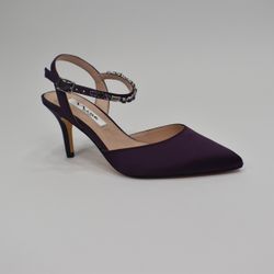 Purple Satin Crystal Pointy-Toe Mid-Heel Dress Pump Sz 6M Nina Tonya  