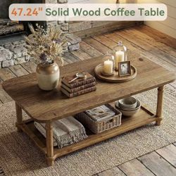 LD0161 new assembled 47" Rectangle Coffee Table, Solid Wood Center Table with 2-Tier Storage, Modern Farmhouse Coffee Furniture for Living Room, Home 