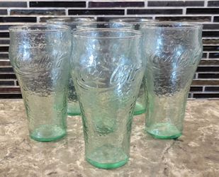 SET OF 6 VINTAGE COCA-COLA AQUA GREEN PEBBLE TEXTURED DRINKING GLASSES 16 OZ EMBOSSED