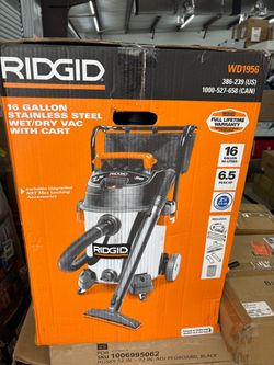 NEW IN BOX Shop RIDGID 16 Gal. 6.5 Peak HP Stainless Steel Shop Vacuum Wet Dry Vac with Fine Dust Filter, Locking Hose and Attachments WD1956