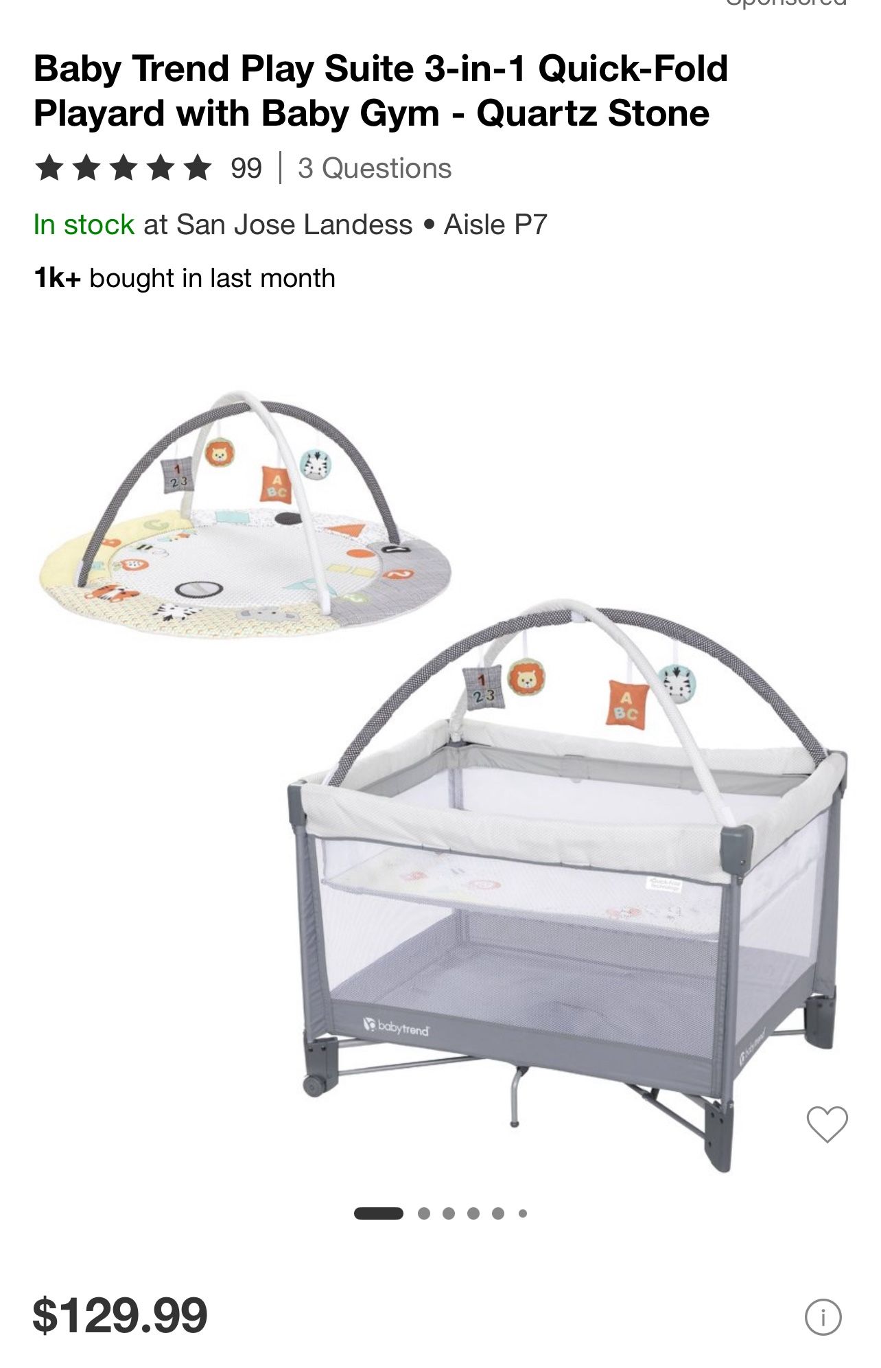 BABY THREND PLAY SUITE 3-in-1 QUICK FOLD PLAYARD WITH BABY GYM -QUARTZ STONE