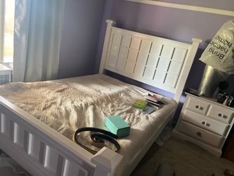 White Wood Bed Frame with Nightstand