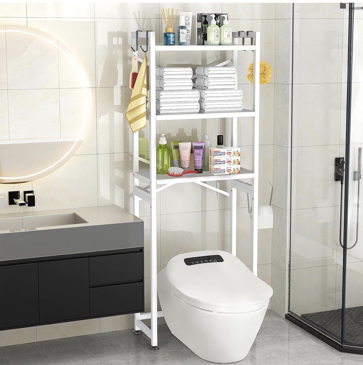 ZZL Over The Toilet Storage,3-Tier,Bathroom Toilet Organizer,Multifunctional Space Saver Freestanding Bathroom Shelves with 4 Hooks,White