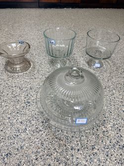 Various Glass lg SERVING TRAYS, PARFAIT BOWLS, CAKE STAND w DOME COVER & more