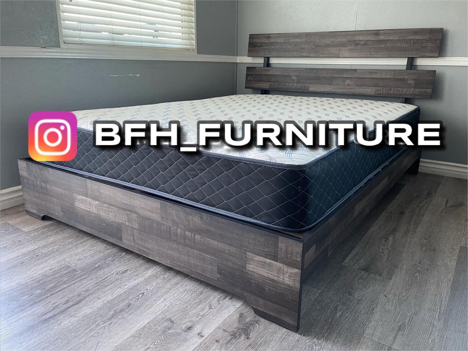 Queen Atticus Rustic Butcher Block Platform Bed w. Orthopedic Mattress Included