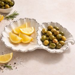 Vintage Italian Double Shell Serving Dish White Majolica Relish Coastal Decor