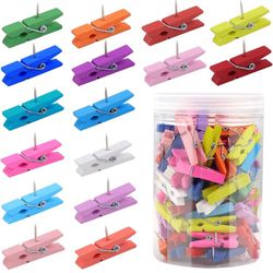 110Pcs Colorful Push Pin with Wooden Clips