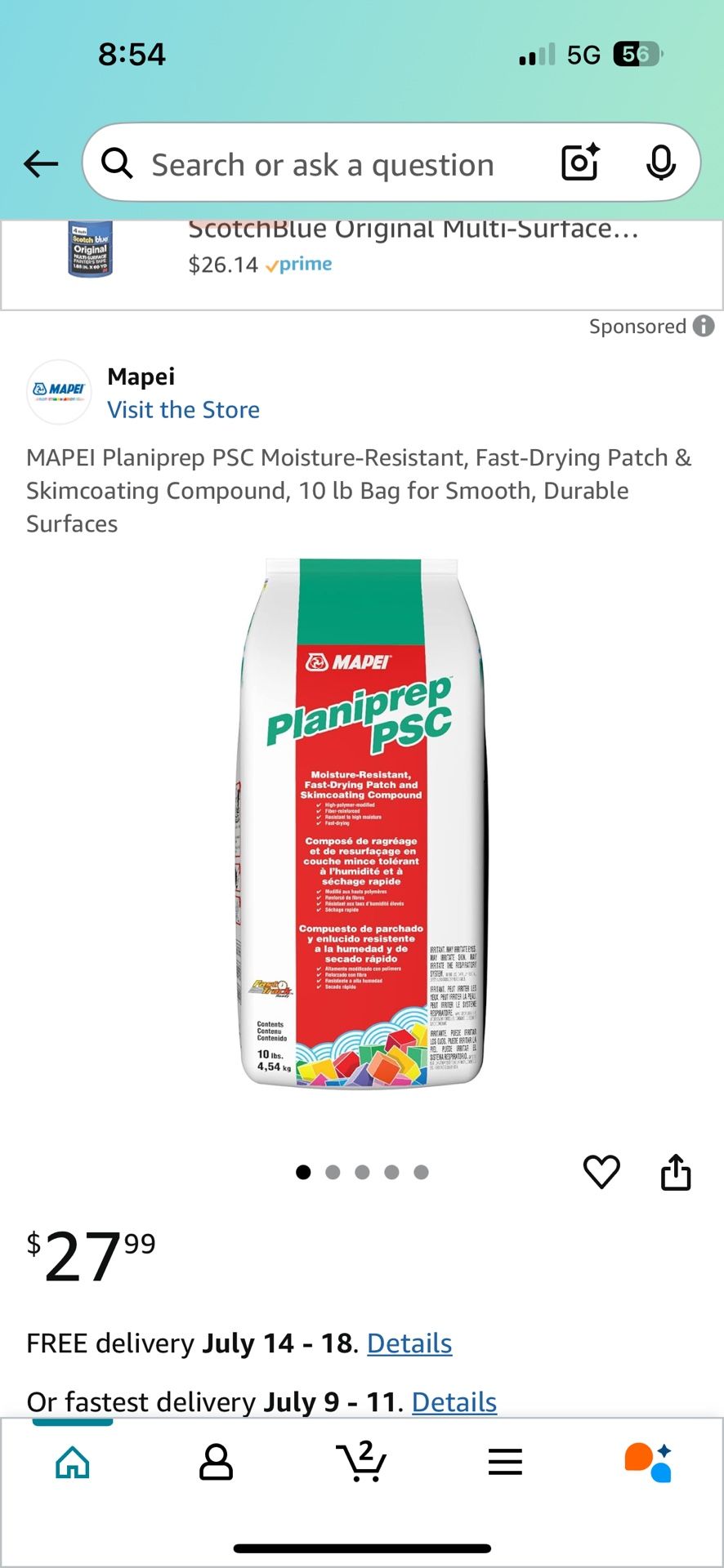 MAPEI Planiprep PSC Moisture-Resistant, Fast-Drying Patch & Skimcoating Compound, 10 lb Bag for Smooth, Durable Surfaces