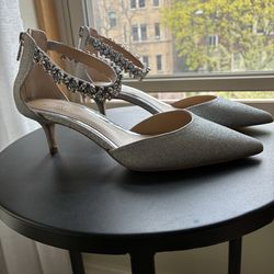 Badgley Mischka Jewel Embellished Silver Kitten Heels - Size 7