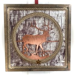 Rustic Metal Deer Buck 10Pt Rope Wood Wall Plaque Decor Fathers Day Hunting