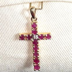 10K Yellow Gold Genuine Square Faceted Ruby and Genuine Diamond Cross Pendant-New!