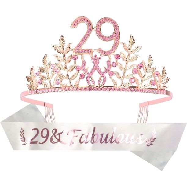 29th Birthday Princess Tiara and Sash in Rosegold and Pink Rhinestones