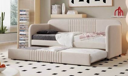 Gorgeous New Light Beige Velvet Twin Daybed w/ Roll Out Twin Trundle Bed (no mattresses)