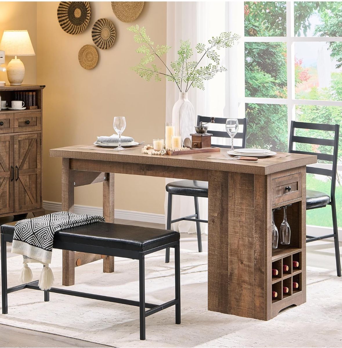 Farmhouse Dining Table Set for 4, 55" Large Kitchen Table Set with 2 Chairs and Bench, Rustic Wood Dining Bar Table with Drawer and Wine & Galsses Rac