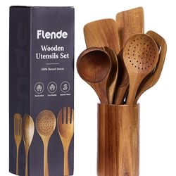 Wooden Cooking Utensils Set, 8-Piece Acacia Wood, Rustic, Non-Scratch, Heat Resistant, Natural Color, Plastic Free, Kitchen Utensils Set