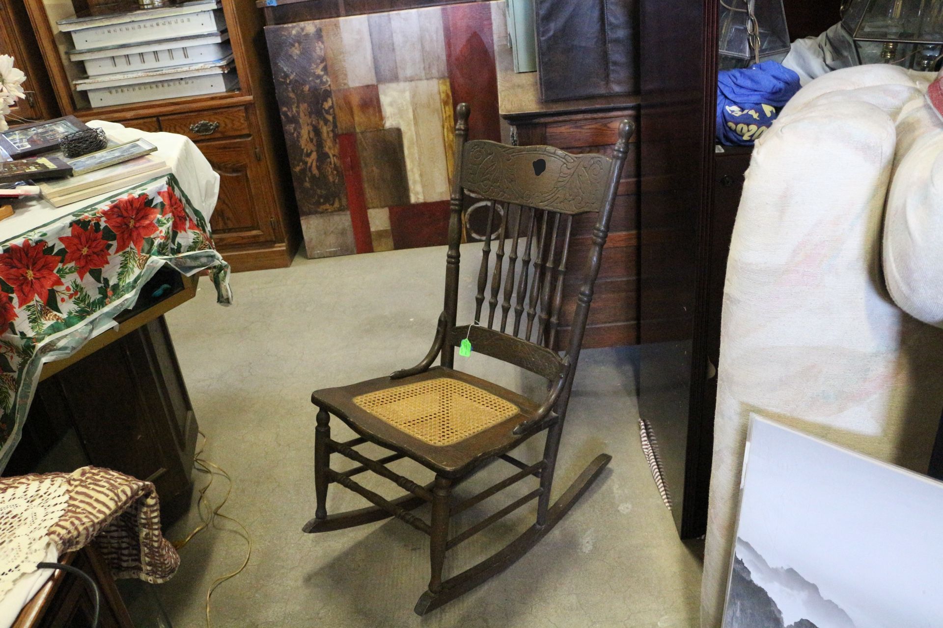 Antique Oak Pressed Back Caned Seat Rocker