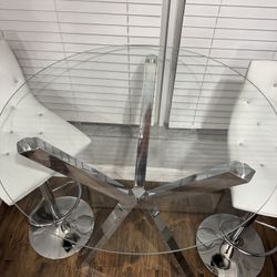 Tall Glass Table And 2 Stools. 