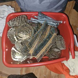 Box Full Of 25 Wired Nail Units And About 10 Lag Bolts And 2 Cement Board Rolls Fiba Tape