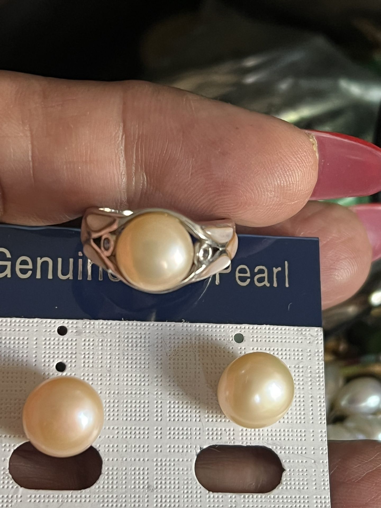 925 Beautiful vintage genuine pearls earrings And Mother Of Pearls Small Diamond Ring Size 7 1/2