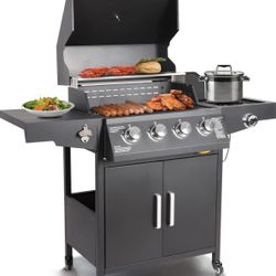 Brand New Propane Gas Grill 4 Burners with Side Burner Freestanding Grill Cart with Wheels