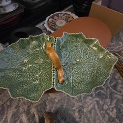 Vintage grape leaf design serving platter with handle