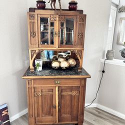 Antique Wood Hutch with Carved Details & Marble-Look Top – Excellent Condition