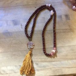 Wooden Beaded Hamsa Hand & Shell Necklace with Fringe