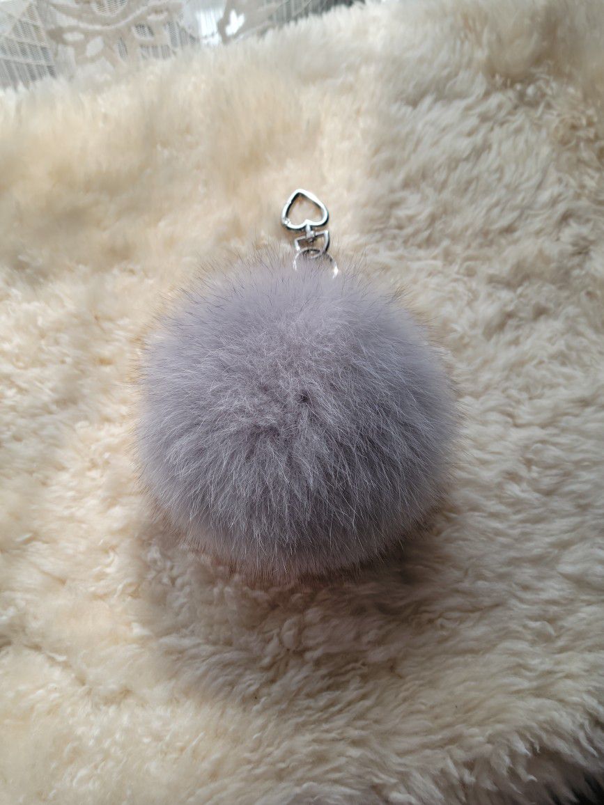 10" Long Grey w/Pink Heart Fur (6 1/2") Pom Pom Keychain + 2 Fur Freebies 
