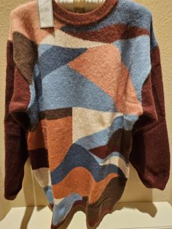 New! OLSEN Knitted Pullover sweater Knitted Pullover in a blue and multi-color jacquard pattern 
Size S