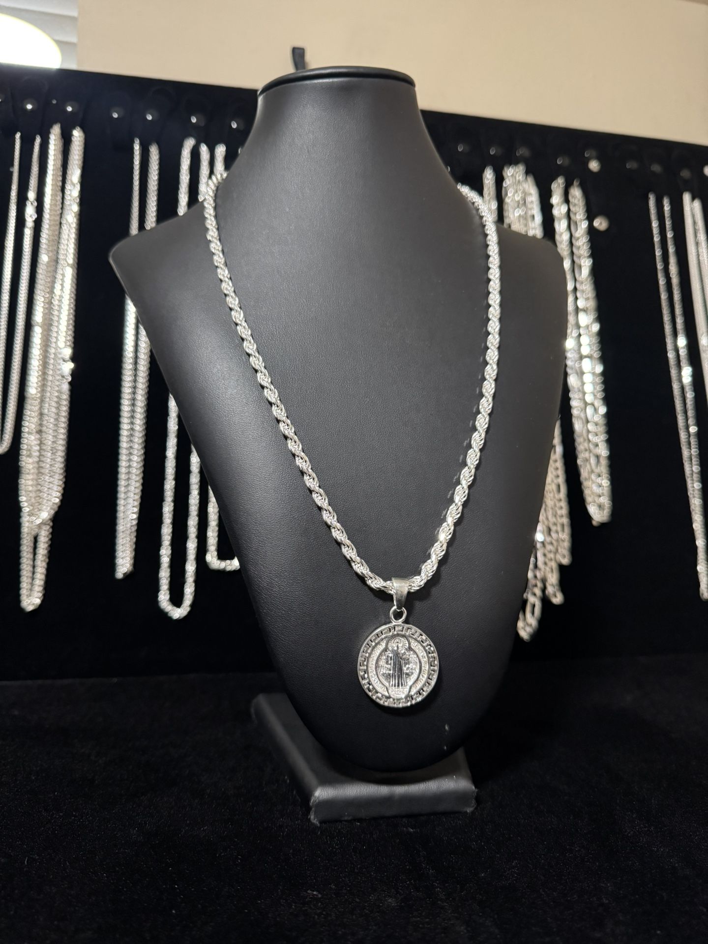 925 Italian silver rope chain with San Benito pendant