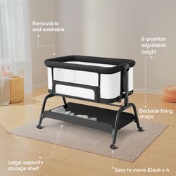 New In Box BabyBond Baby Bassinet, 3 in 1 Bassinet Bedside Sleeper with Washable Soft Mattress and Sheet, 6 Height Adjustable Bedside Crib, 4-Sided Me