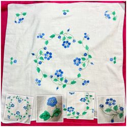Vintage Linen Embroidered White Square Table Cloth with Blue Flowers - 32”x32”