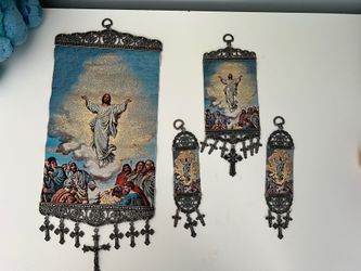 Jesus Christ Icon Banner Set  Of 4 Pure Cotton Gold Yarn Metal Cross Hand Made 