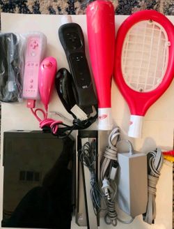 Black Nintendo Wii RVL-001 Motion Plus Console 2 Controllers Cables Mount Works!