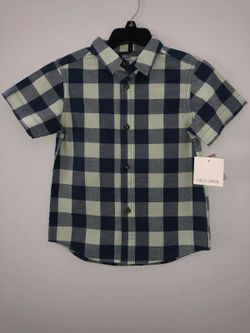 NWT! Falls Creek Boys Sz S 6/7 short sleeve plaid checker dress shirt blue woven