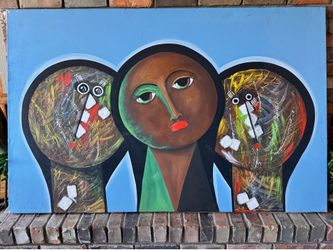 60" x 38" Original Contemporary Mixed Media Painting Signed African Mask Abstract