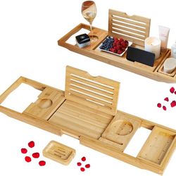 Bamboo Bathtub Caddy Tray, Expandable Bathtub Caddy Tray for Luxury Bath, Includes Cotton Towel, Soap Dish, Wine Glass Slot and Tablet Holder, Best Gi