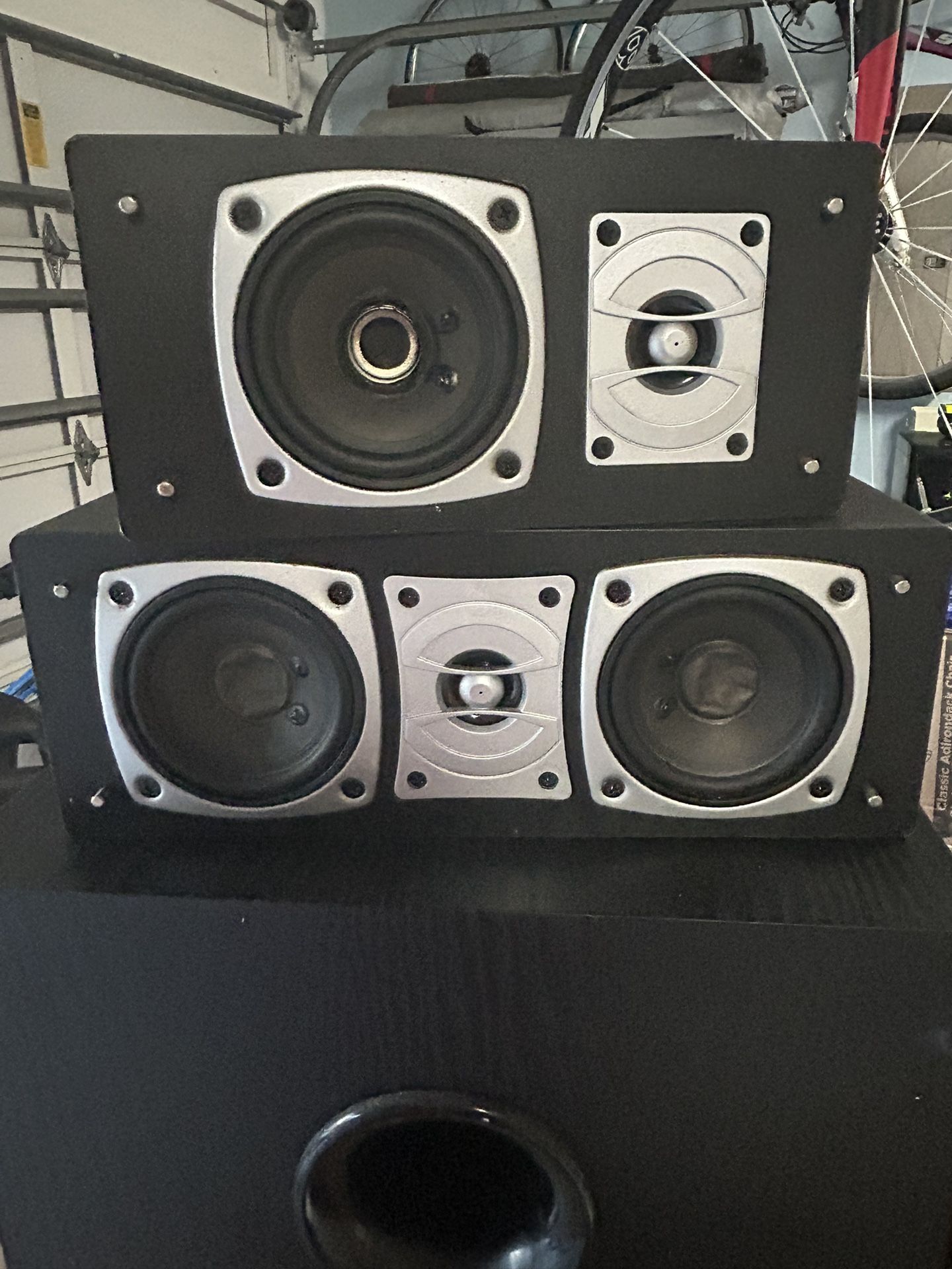Yamaha Receiver , 5 Speakers, Pioneer Subwoofer And Monster Cables