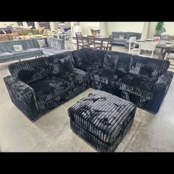 Brand New Sectional Corduroy Fabric Black With Ottoman $659