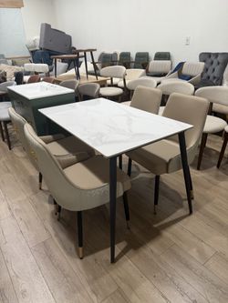 Set of 5/4 pcs Microfiber Leather Luxury Upholstered Dining Chairs with Lion Head Pull Ring and Sintera Sintered Stone Dining Table – Stylish, Durable