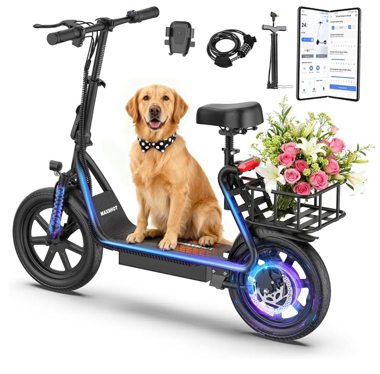 Electric Scooter Adults, Foldable Electric Scooter with Seat, 500WMotor, 14" Tires,Suspension & Braking, APP Control