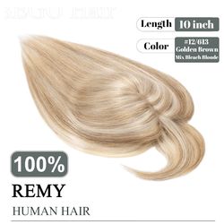 SEGO real human Hair Topper with Thinning Hair -10 Inch #12/613 Golden Brown Mix Bleach Blonde