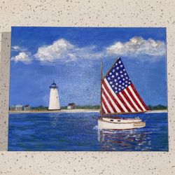 Artwork Custom Painting Ocean Boat Lighthouse Nautical Sea Summer Oil on Canvas