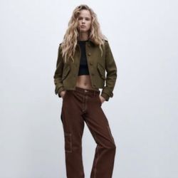 Zara Jacket Womens L Military Style Cropped Olive Green Herringbone Wool Blend