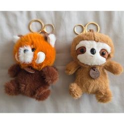 Plush Sloth & Red Panda Keychain Bag Charm 2pc Set, New