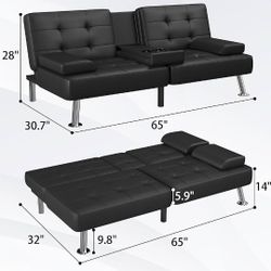 Used Black Sofa Futon Foldable Cup Holders