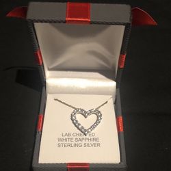 Sterling Silver & Lab Created White Sapphire  18” Chain With Heart Pendant