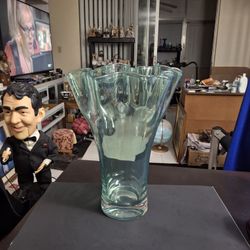 Large Art Glass Centerpiece Vase With Distinctive Handkerchief Style In Light Aqua Blue 13" Tall Weighs 5 LBS 2 OZ
