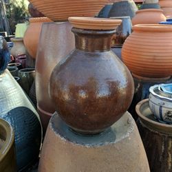 14" Tall Brown Ceramic Pot Handmade