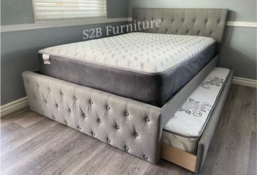 Full twin grey Frenchi trundle bed with ortho mattress included
